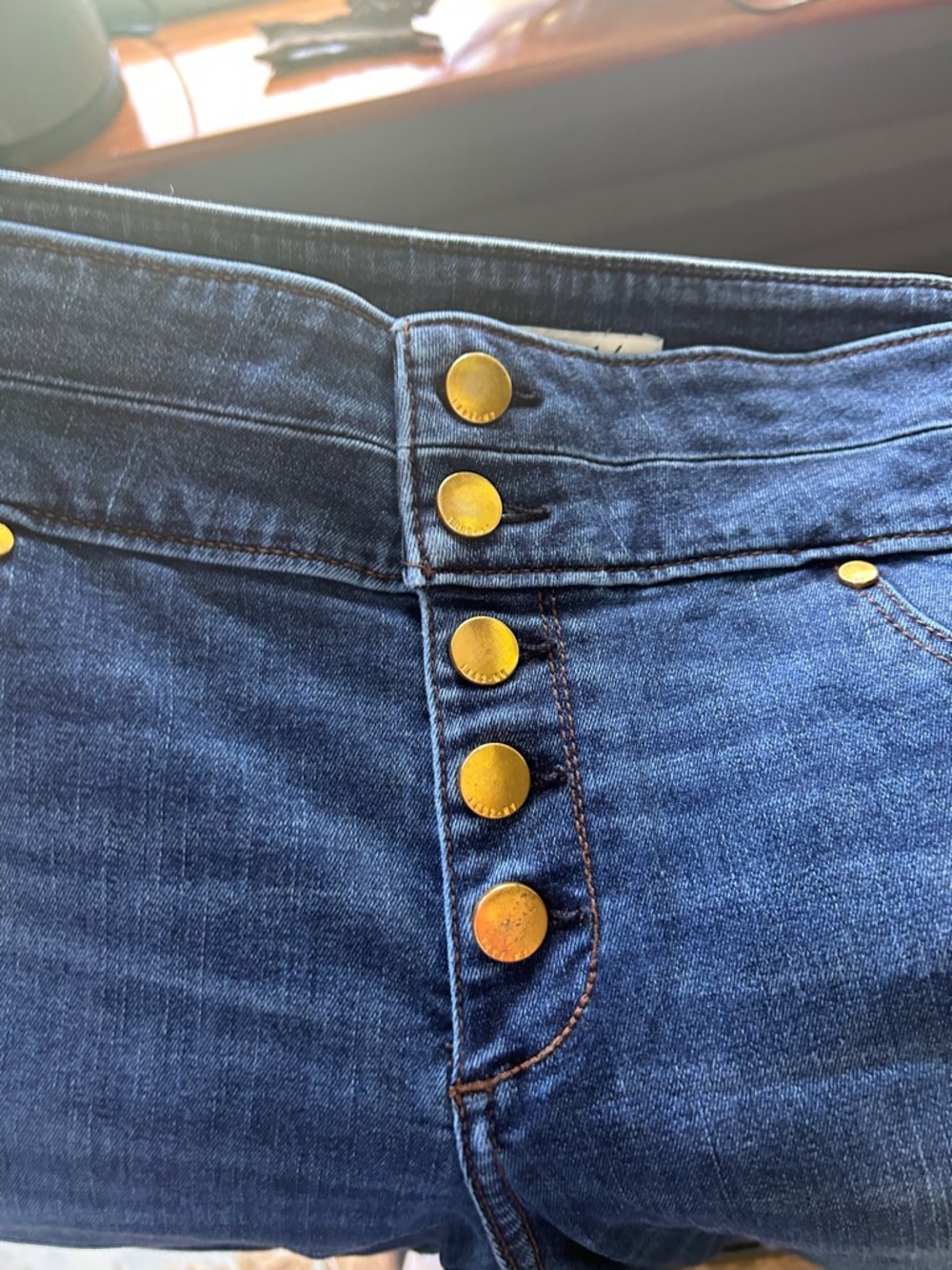 Abercrombie & Fitch High-Rise Button-Fly Jeans - Dark Blue with Gold Buttons